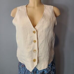 Halston Button Linen Button Front Vest Womens Size Medium NWT Cream Parisian